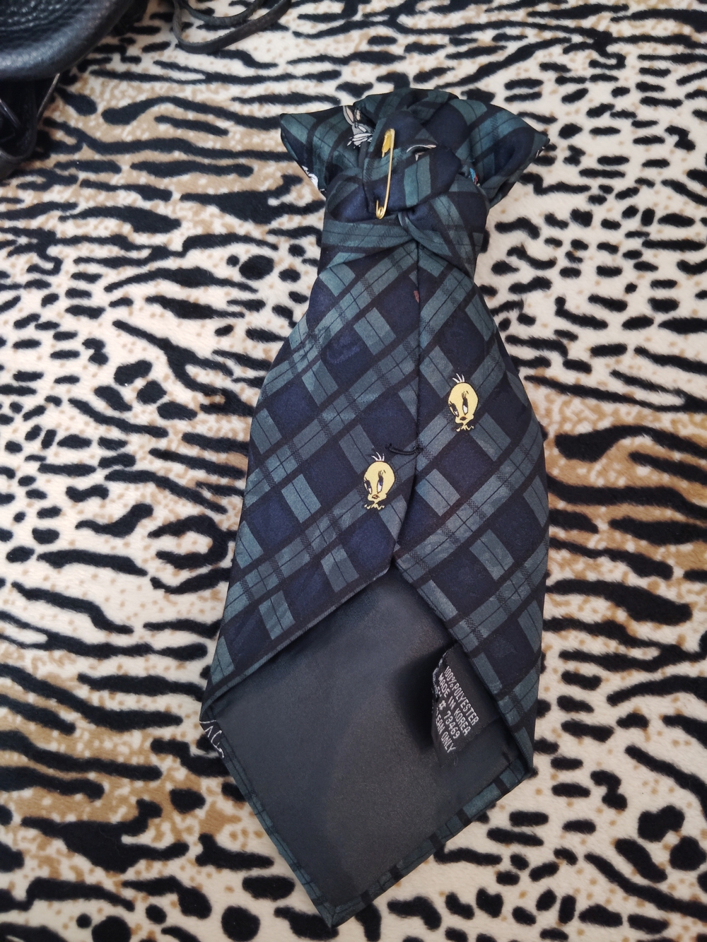Navy Plaid Silk-Feel Men’s Tie with Subtle Motif - Picture 3 of 5
